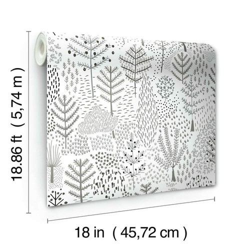 RMK11736RL White and Gray Folklore Trees Gray Peel and Stick Wallpaper - Foto 6 di 9