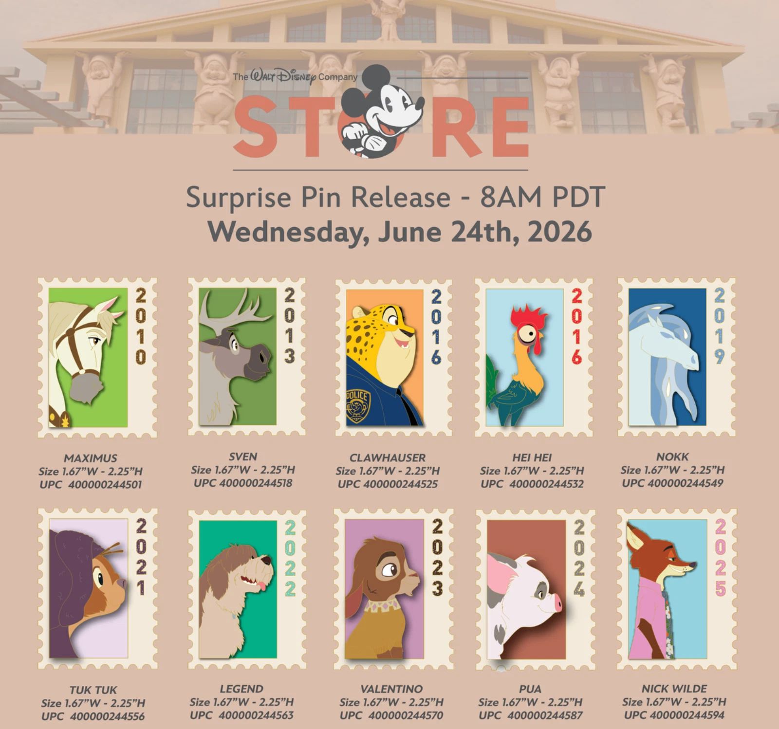 Disney DEC TWDC Commemorative Animal Stamps LE 300 Pins Full Set 6/26, Confirmed