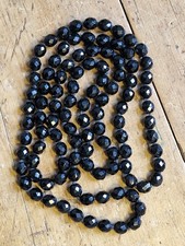Vintage Hand Knotted Faceted Glass 'Black Jet' Mourning Necklace 48"