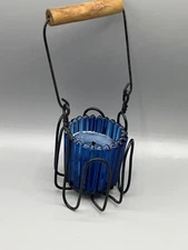 Cobalt Blue Glass Candle Holder With Iron Holder Wood Handle Primitive Look 4.5"