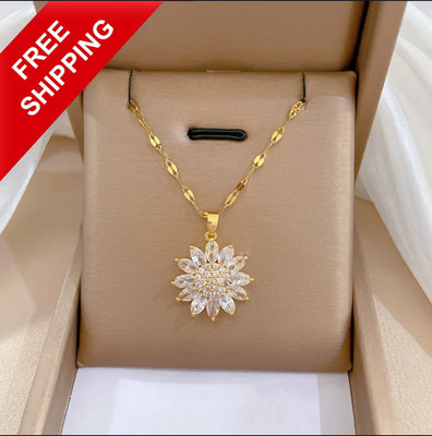 Luxury Gold Cubic Sunflower Zircon Pendant Necklace Women's Fashion 101