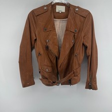 Phillip Lim Green Leather Moto Jacket Brown Asymmetrical Zip Belted Women's 0