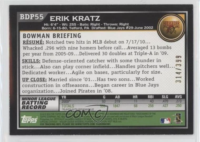 2010 Bowman Draft Blue /399 Erik Kratz #BDP55 Rookie RC - Image 2 of 2