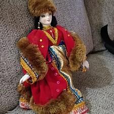 Russian Handmade Collectible Doll Traditional Costume Fur Trim Embroidery