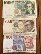 Vintage Italy Lire Banknote Lot (3) – 1000, 2000 & 5000 Lire – Circulated