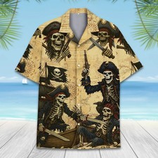 Haunted Pirate Treasure Hawaiian Shirt   Skeleton Drinking Beer - Adults  Youth