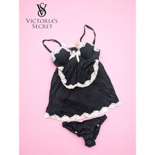 NWT Vintage Victoria s Secret Black Lace Babydoll Lingerie Set, 34C/S Y2K