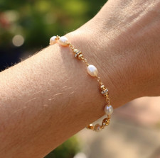 Elegant 18K Gold Plated Pearl Bracelet  Boho Brass Beaded Chain Bracelet