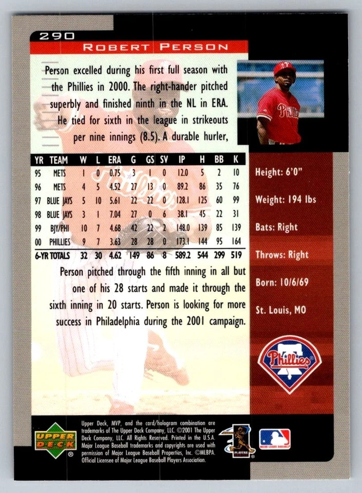 2001 Upper Deck MVP - Robert Person #290 - Image 2 of 2
