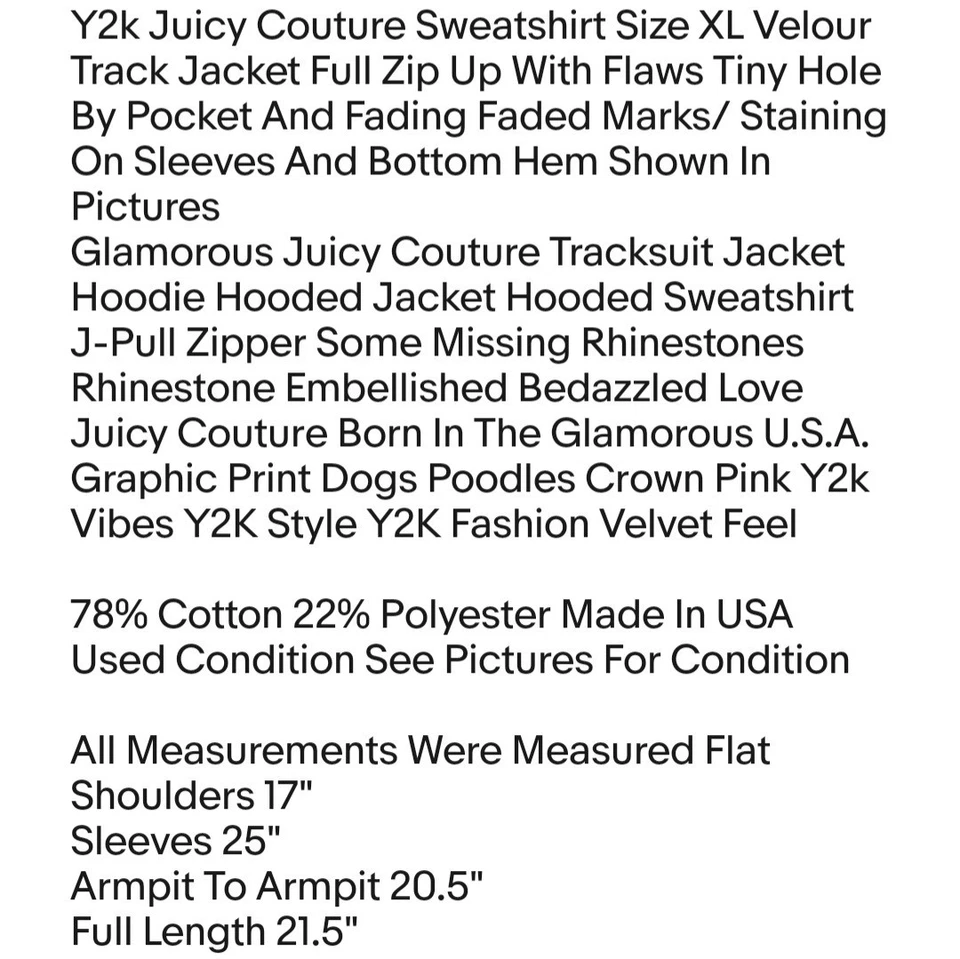 Y2k Juicy Couture Sweatshirt Size XL Velour Track Jacket Full Zip Up With Flaws  - Image 2 of 4