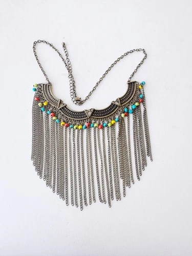 Vintage Costume Jewelry Silver Tone Ethnic Tassel Pendant Necklace 16.5 Inch