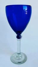 One Artisan Hand Blown Colbalt Blue Mexican Bubble Wine Glass Goblet