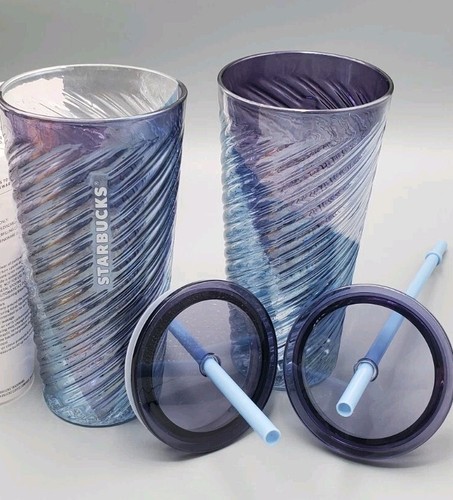 Starbucks 2023 Blue Purple Ombre Swirl Sheen Glas Tumbler Strohhalm Neu 18 Oz Set 2 - Bild 5 von 10