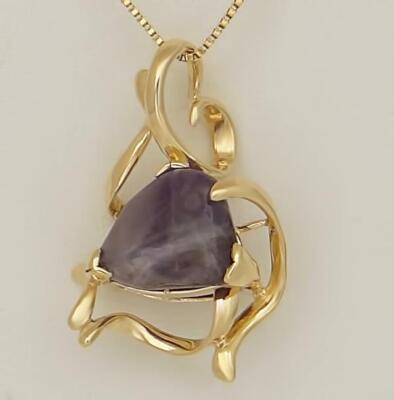 14k GELBGOLD HOCHGLANZPOLIERT MASSGESCHNEIDERT GETROMMELT NATÜRLICHER AMETHYST ANHÄNGER 1,28''