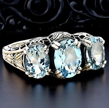 GENUINE 3.3 CT BLUE TOPAZ 3 STONE 925 STERLING SILVER ART DECO STYLE RING  258