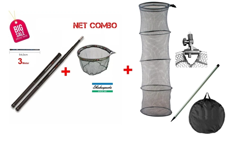 3 Meter Kescherstab Travel Model + Shakespeare Match Net + Setzkescher 200cm