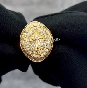 Authentic Men's Christian Faith Real Natural Diamond Cross Ring Gold Plated 925 Silver