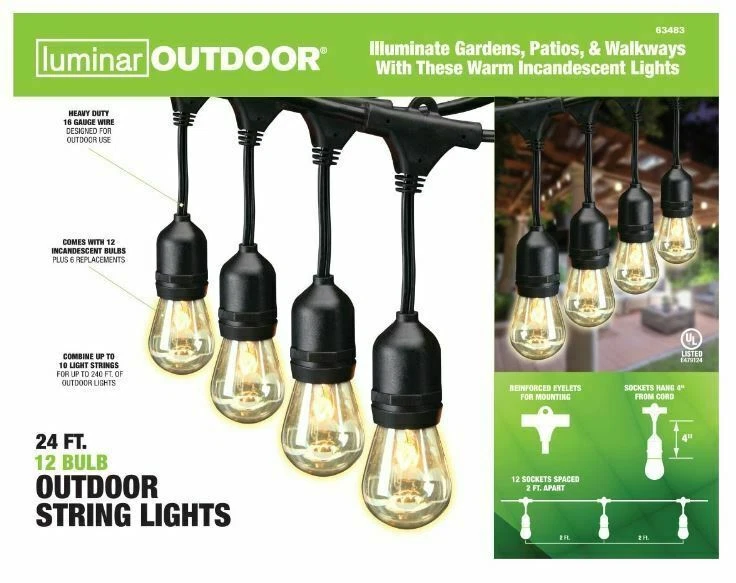 LUMINAR OUTDOOR 24' 12-Bulb Outdoor String Lights, Black