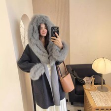 Cappotto lana double face medio lungo con cappuccio collo pelliccia di volpe giacca soprabito donna