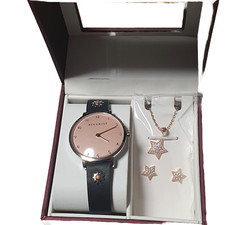 Accurist Ladies Watch & Earrings Gift Set 8376G Black Leather Strap Rose Gold...