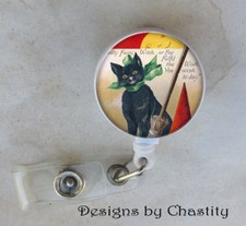 Halloween Black Cat Witch Hat Badge Reel Retractable Holder Belt Clip RN Nurse