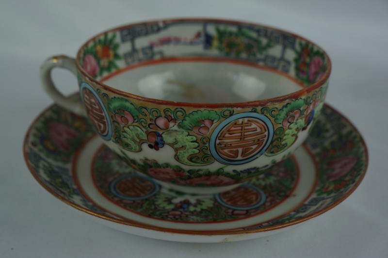 Antique chinese cloisonne famille rose cup / saucer ca. 1920s [Y8-W6-A9]