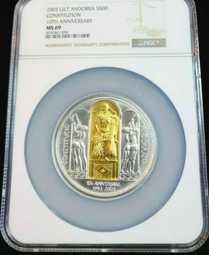 2003 ANDORRA SILVER 50 DINERS CONSTITUTION 10TH ANNIV NGC MS 69 RARE TOP POP 1