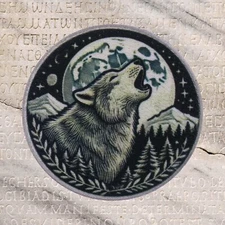 Howling Wolf under a Moonlit Sky Patch - Iron-On Applique Moon Stars Mountains
