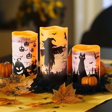 Halloween LED Candles Set of 3 - Flickering Flameless Pillar Candles with Timer