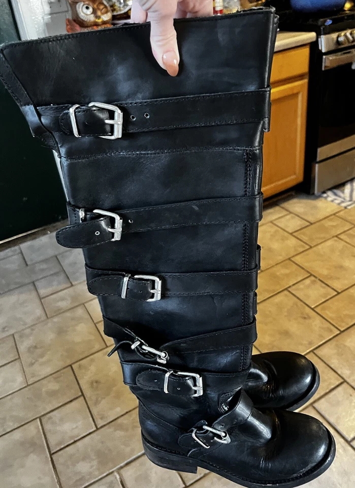 $244 Zigi Niña TACKLE Cuero Negro Cinturón Sobre la Rodilla Motociclista Moto Botas Talla 6 Foto 2 de 4
