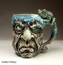 Old Man Frog Face Mug jug pottery sculpture by folk art maker Mitchell Grafton
