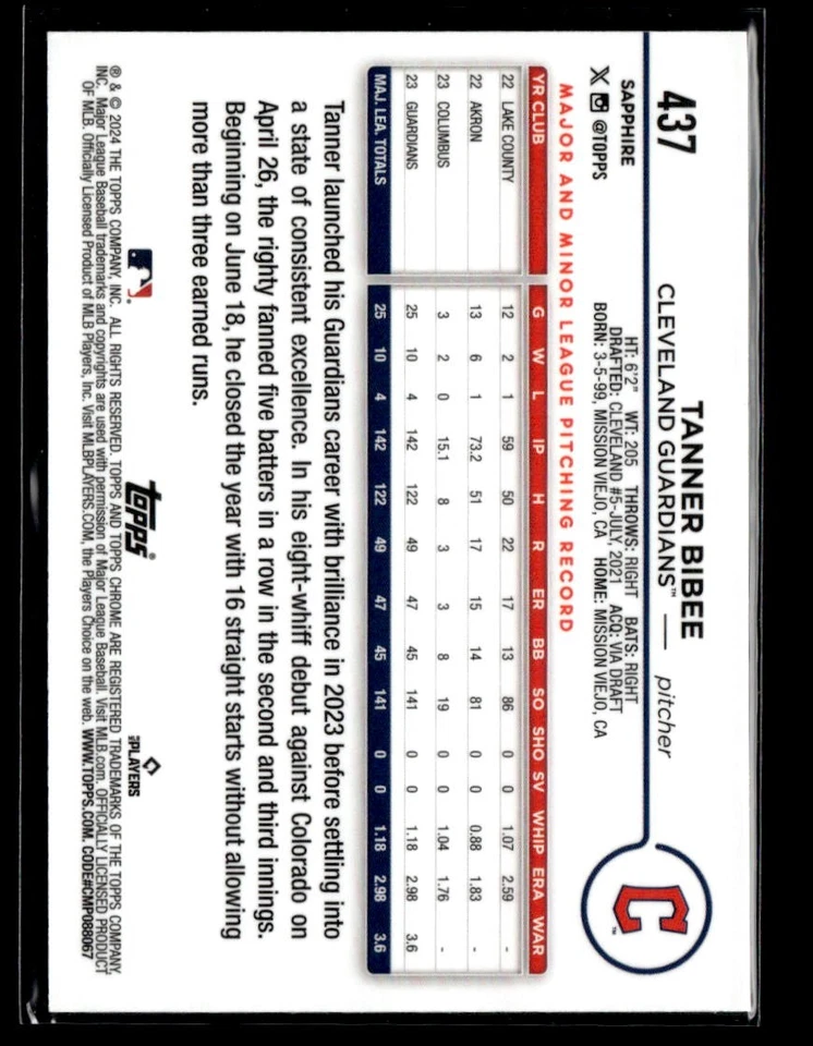 Tanner Bibee #/50 - 2024 Topps Chrome Sapphire Edition Gold Refractor #437 CLE - Image 2 of 2