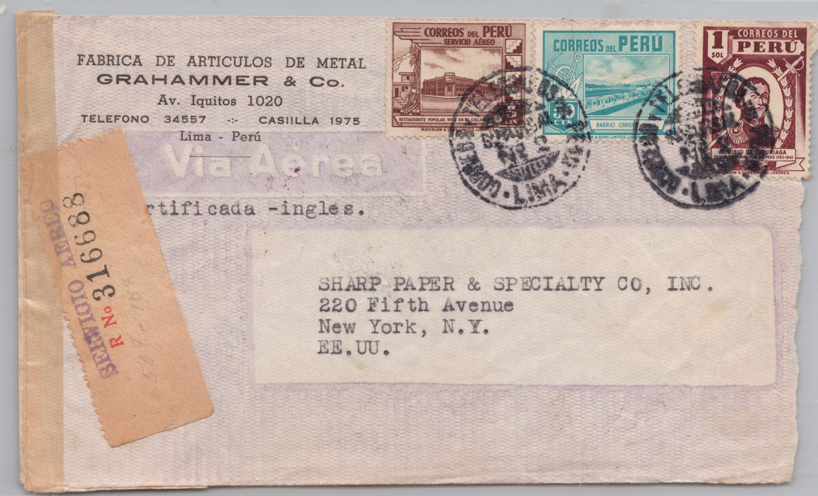 Peru 1942 Registered Airmail Cover Lima–New York Servicio Aereo WWII