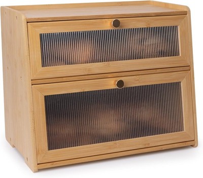 Beautiful Bamboo Bread Box for Kitchen Countertop Double Layer Wooden Breadbox