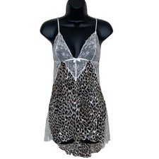 Victorias Secret Silk Leopard Print Lace Trim Babydoll Chemise Sheer Women's S
