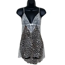 Victorias Secret Silk Leopard Print Lace Trim Babydoll Chemise Sheer Women's S