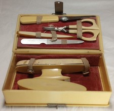 ANTIQUE CELLULOID TRAVEL VANITY TOP MANICURE SET - 6 PIECE w/SNAP LOCK CASE
