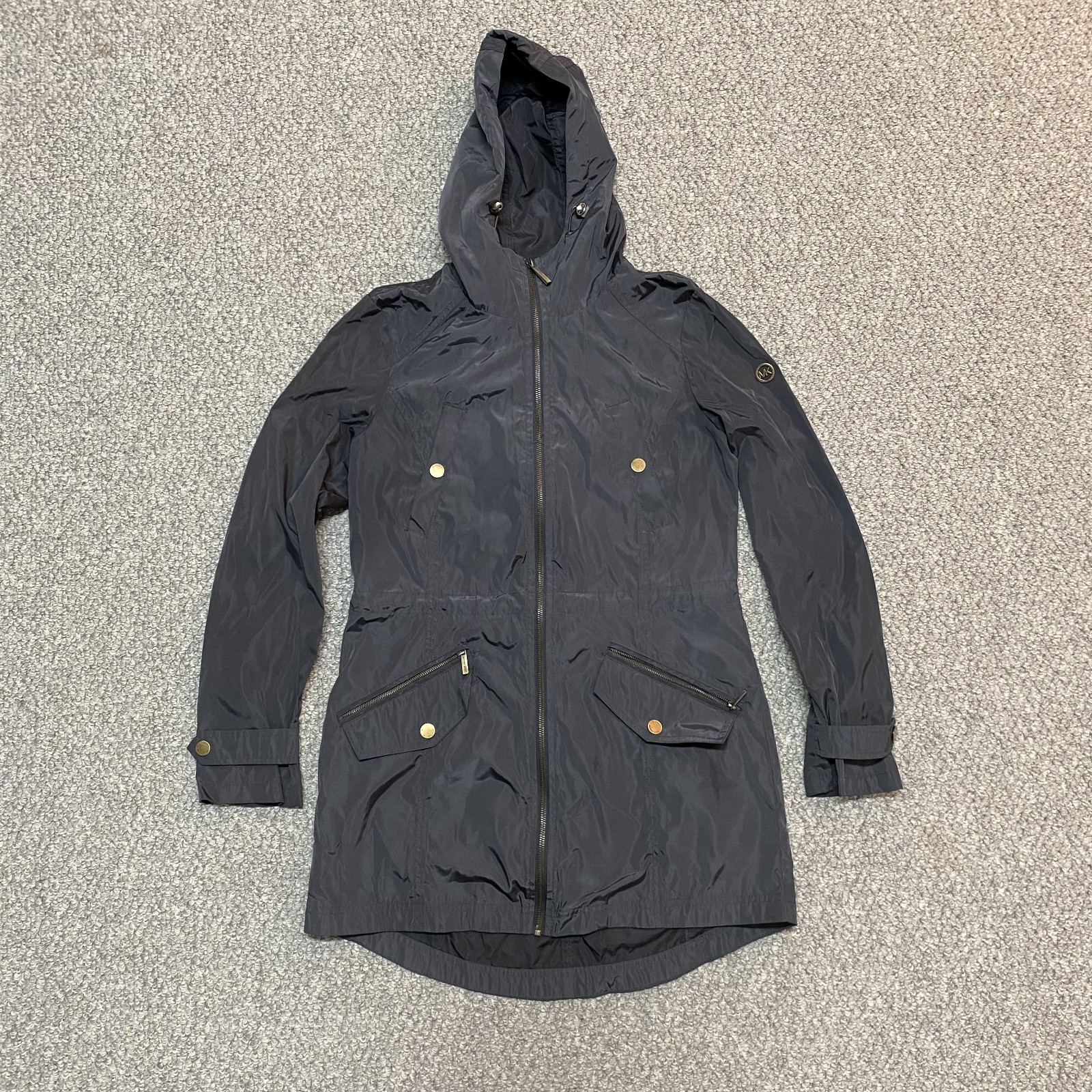 Michael Kors Rain Windbreaker Jacket Womens Black Zip Hooded W/ Pockets Small