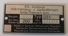 Typenschild für Simson S51 Plakette 260 kg V...