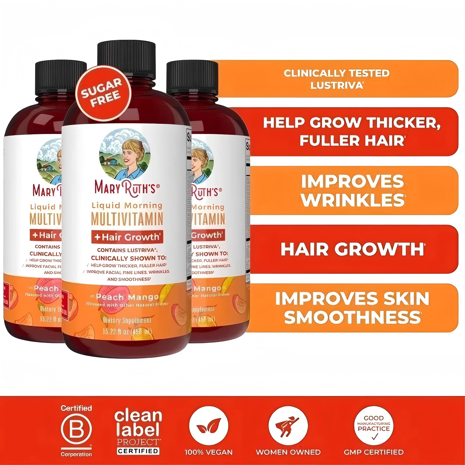MaryRuth's Liquid Multivitamin+Hair Growth | Biotin 450mcg Mango, 15 fl oz