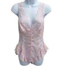 Vintage 80s Pink Satin Lace Teddy Size M Coquette Romantic Lingerie Bodysuit