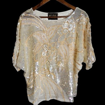Vintage St. Eve Milano Beige Glam Sequin Floral Silk Chiffon SS Dolman Top sz M