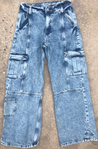 Gap Kids 14 Stone Wash Cargo Pocket Blue Denim Jeans Y2K Loose Fit Button Zip
