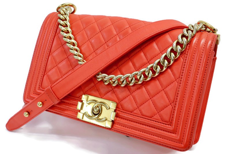 CHANEL Boy Red/Orange Quilted Lambskin Crossbody Bag w/ Gold HW