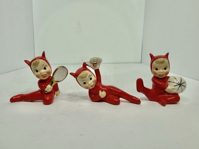 #ad 3pcs Vintage MCM Napco Red DEVIL Pixie ELF Figurines Japan W labels $99.99