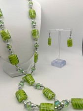 Green Glass Rectangular Beads Silver Necklace Earring Set