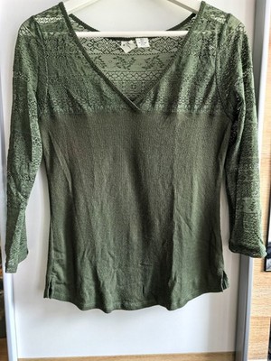 L.O.G.G. Gr.S Dünne Shirt Dunkelgrün Khaki mit Spitze in V Ausschnitt . Wundersc