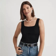 Madewell Square Neck Ribbed Tank Top Black XL Viscose Knit NWT Minimalist Preppy