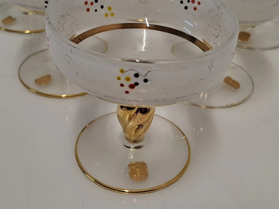 6 Coppe Bicchieri Vetro Cristallo Colorato Rifiniture Oro Vintage  - Immagine 4 di 4