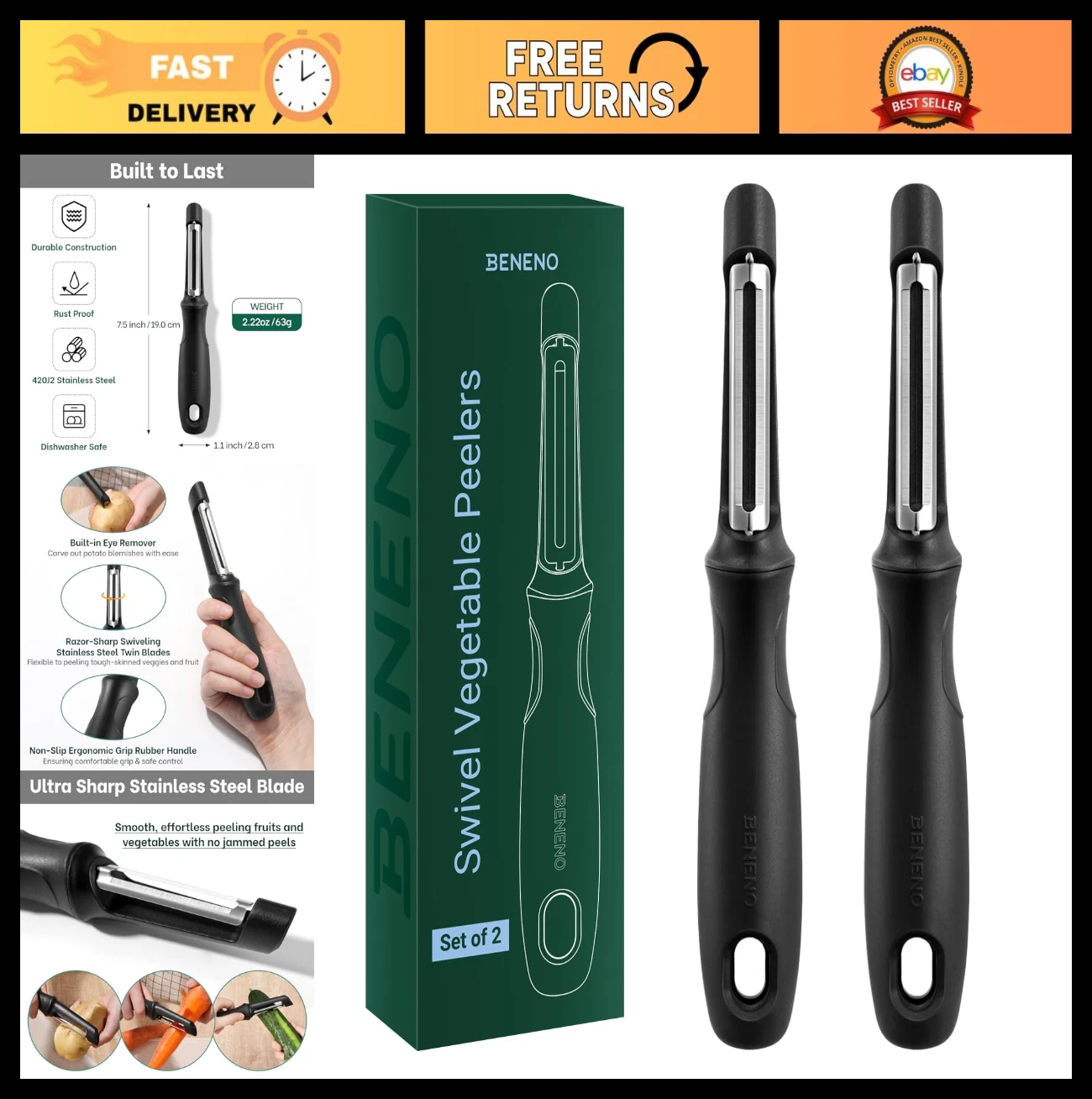 Razor-Sharp Vegetable Peeler Set - Ergonomic Non-Slip Handle, Stainless Steel Bl